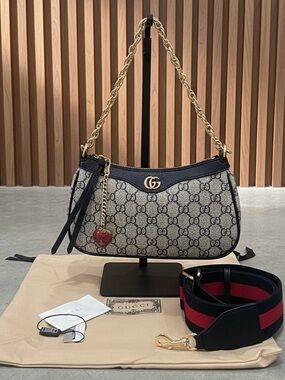 GG Monogram Supreme Shoulder Bag with Gold Chain & Strawberry charm